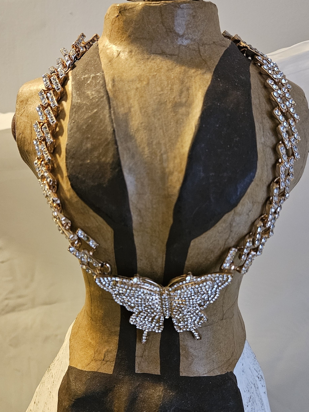 NATASHA Rhinestone Butterfly Statement Harness Necklace - Gold & Clear
